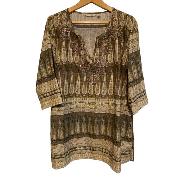 Soft Surroundings 3/4 sleeve beaded tunic top linen green tan Size Lp - Picture 1 of 6